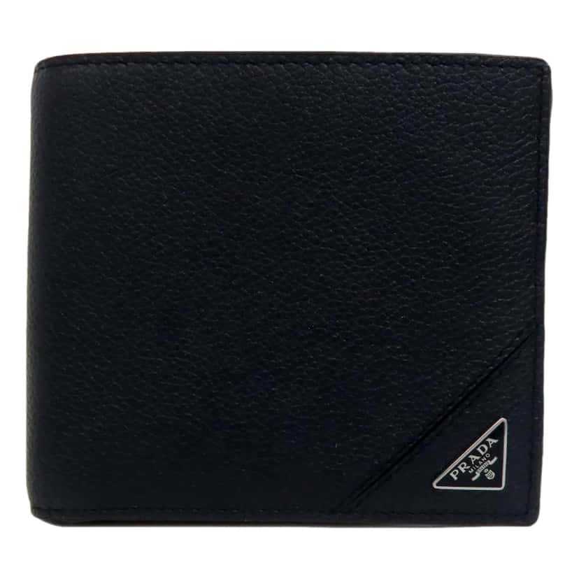 Prada Prada Black Vitello Micro Grain Leather Bifold Wallet Triangle Enamel Logo Black Leather Never worn - Front View