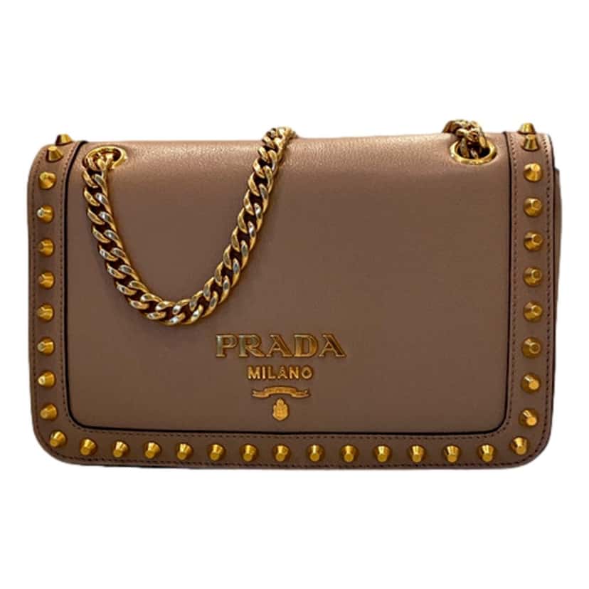 Prada Prada Pattina Glace Calf Leather Cammeo Beige Gold Studded Bag Beige Leather Never worn - Front View