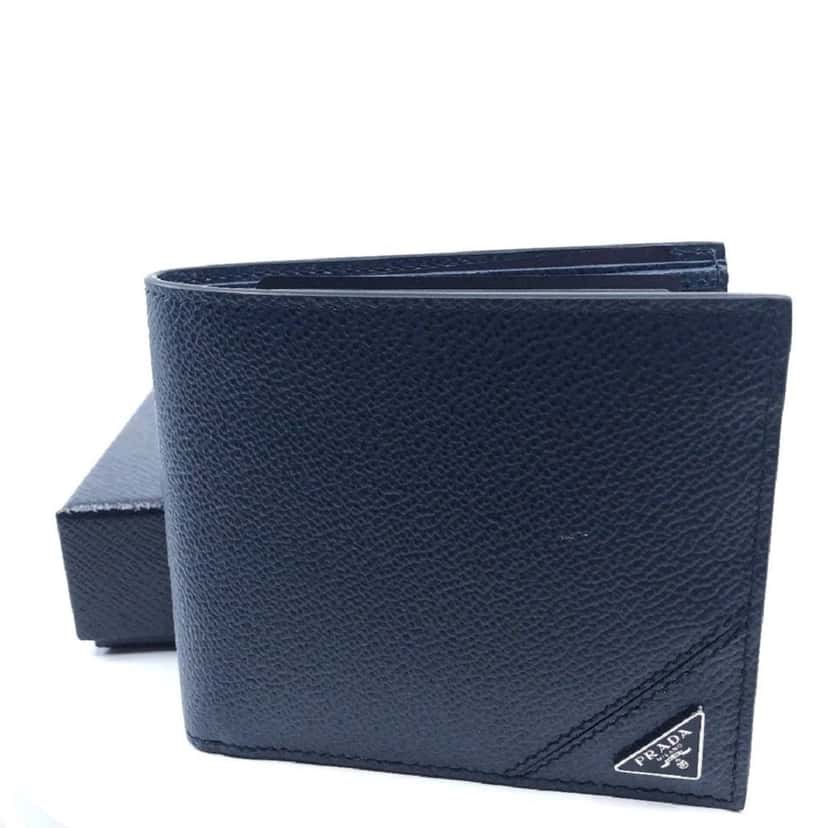 Prada Prada Mens Vitello Micro Grain Navy Blue Leather Triangle Logo Bifold Wallet Blue Leather Never worn - Front View