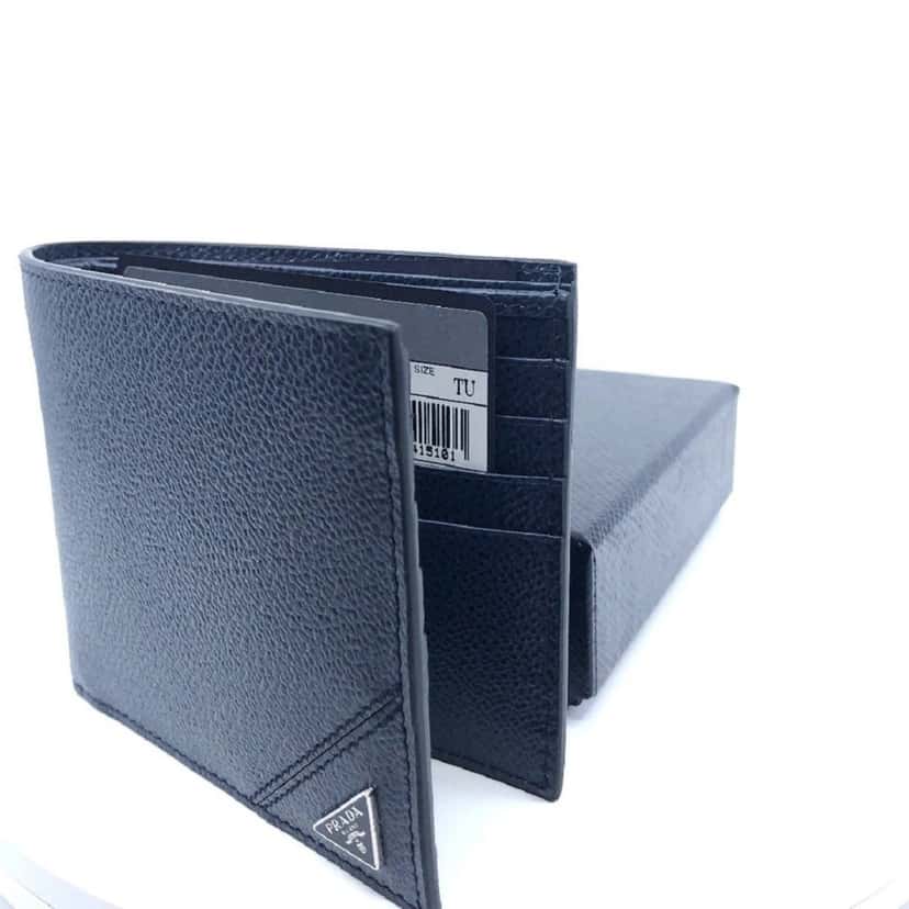 Prada Prada Mens Vitello Micro Grain Navy Blue Leather Triangle Logo Bifold Wallet Blue Leather Never worn - Back View