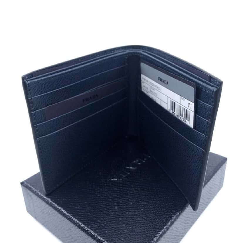 Prada Prada Mens Vitello Micro Grain Navy Blue Leather Triangle Logo Bifold Wallet Blue Leather Never worn - Box View