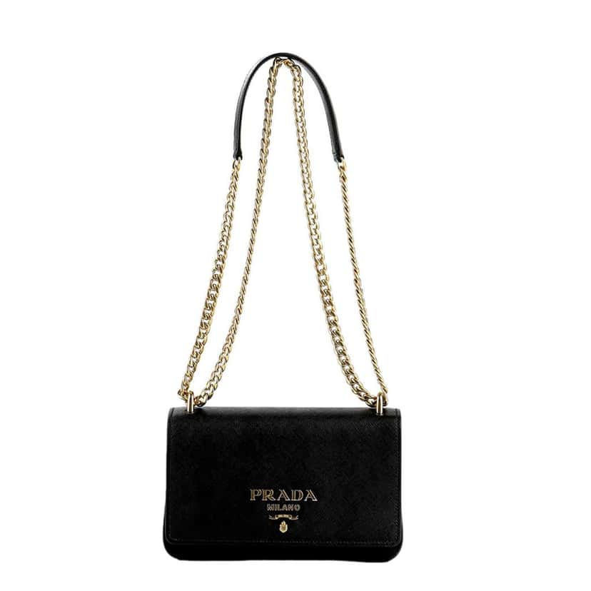 Prada Prada Tessuto and Saffiano Leather Black Crossbody Bag with Gold Chain Strap Black Leather Never worn - Front View