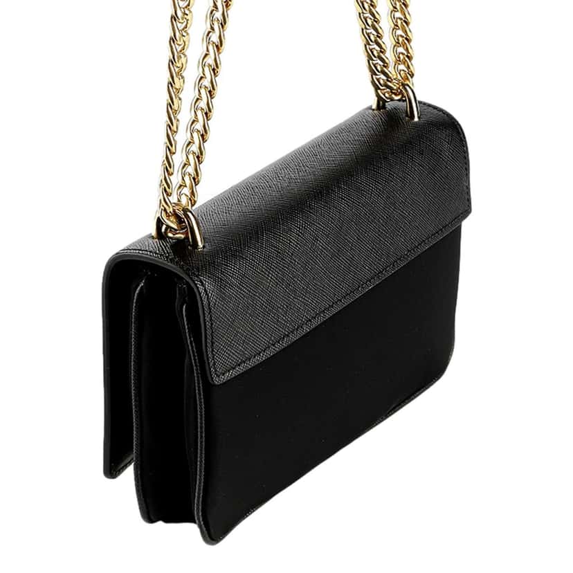 Prada Prada Tessuto and Saffiano Leather Black Crossbody Bag with Gold Chain Strap Black Leather Never worn - Model View