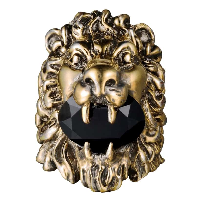 Gucci Gucci Lion Head King Ring With Crystal Aged Gold and Black 10 Yellow Never worn - Front View