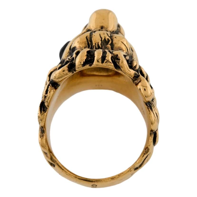 Gucci Gucci Lion Head King Ring With Crystal Aged Gold and Black 10 Yellow Never worn - Box View