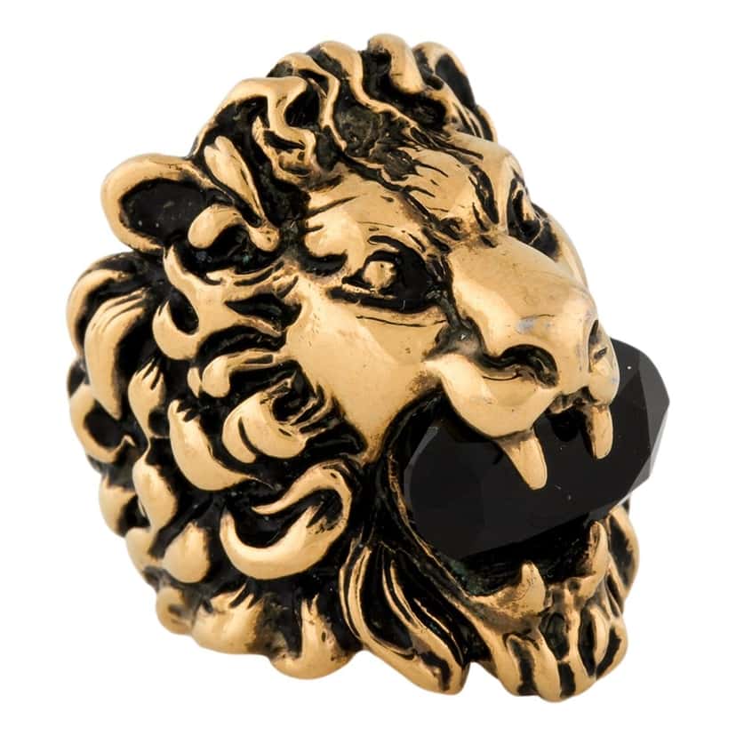 Gucci Gucci Lion Head King Ring With Crystal Aged Gold and Black 8 Yellow Never worn - Model View