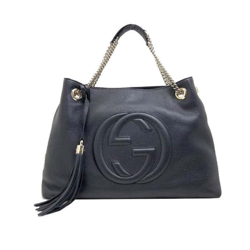 Gucci Gucci GG Pebbled Calfskin Medium Soho Gold Chain Shoulder Bag Black Black Leather Good condition - Front View