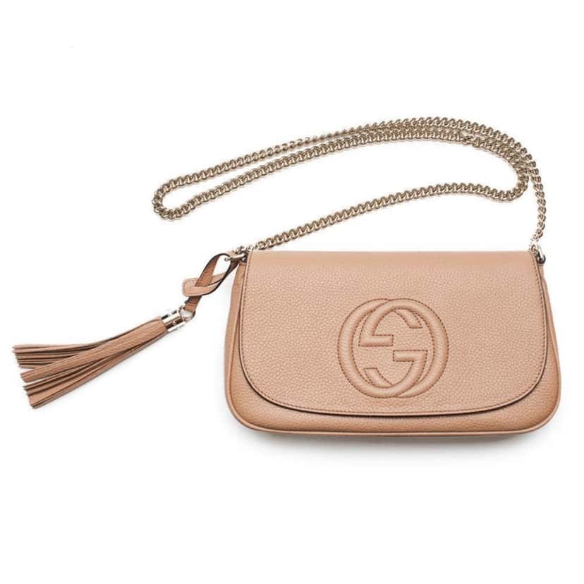 Gucci Gucci Soho Disco Beige GG Leather Tassel Chain Crossbody Flap Bag Beige Leather Good condition - Front View