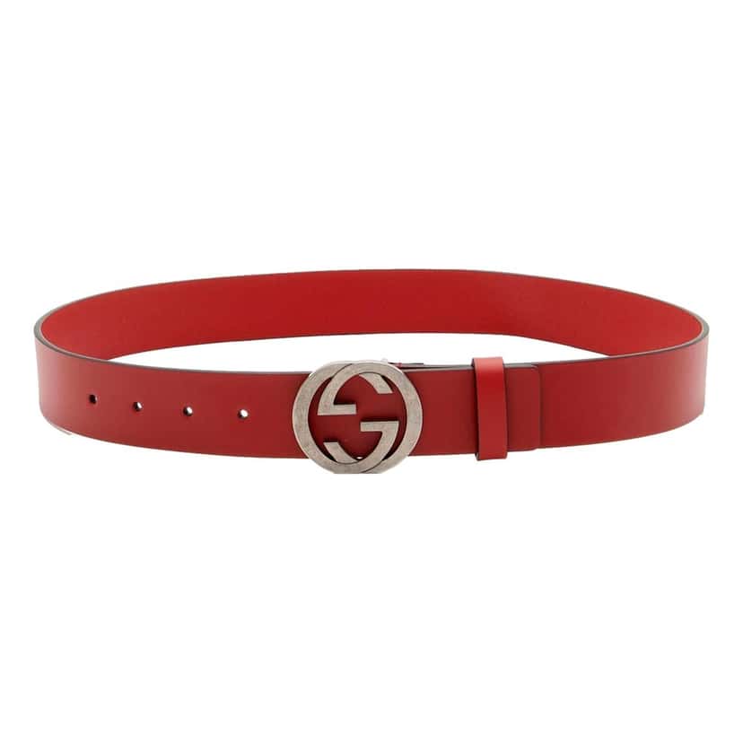 Gucci Gucci Interlocking Leather GG Buckle Antiqued Silver Tone Belt Rosso Red 90/36 Red Leather Never worn - Front View