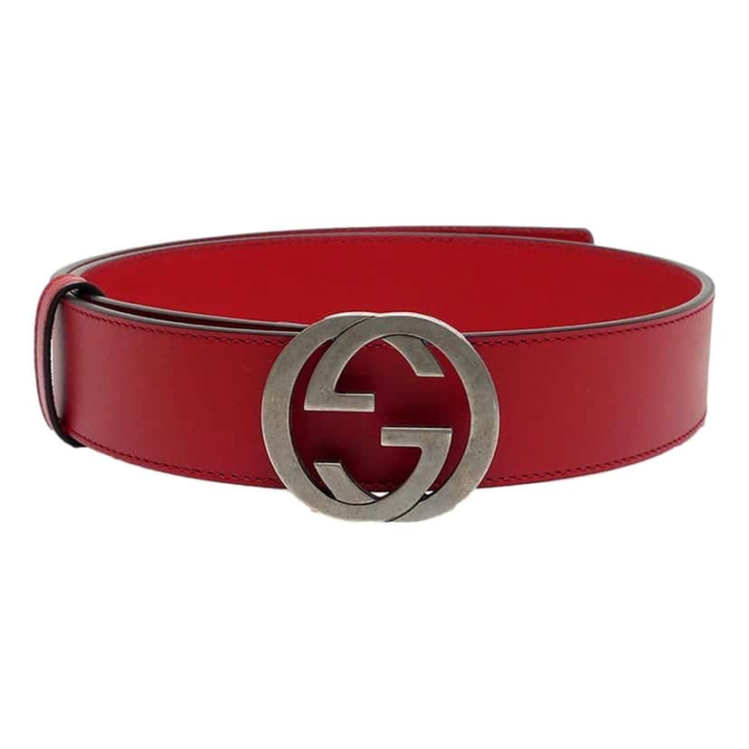 Gucci Gucci Interlocking Leather GG Buckle Antiqued Silver Tone Belt Rosso Red 90/36 Red Leather Never worn - Inside View