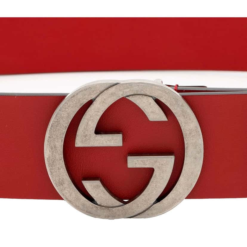 Gucci Gucci Interlocking Leather GG Buckle Antiqued Silver Tone Belt Rosso Red 90/36 Red Leather Never worn - Model View
