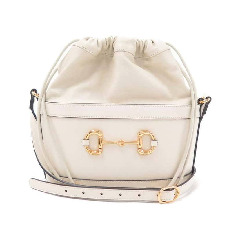 Gucci Gucci 1955 Horsebit White Leather Bucket Bag Drawstring Crossbody Beige Leather Never worn - Front View