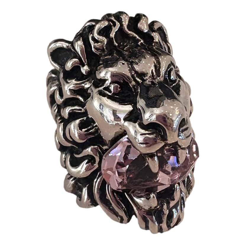 Gucci Gucci Lion Head Motif Silver Ring Light Pink Crystal Size 10 Gold Satin Never worn - Front View