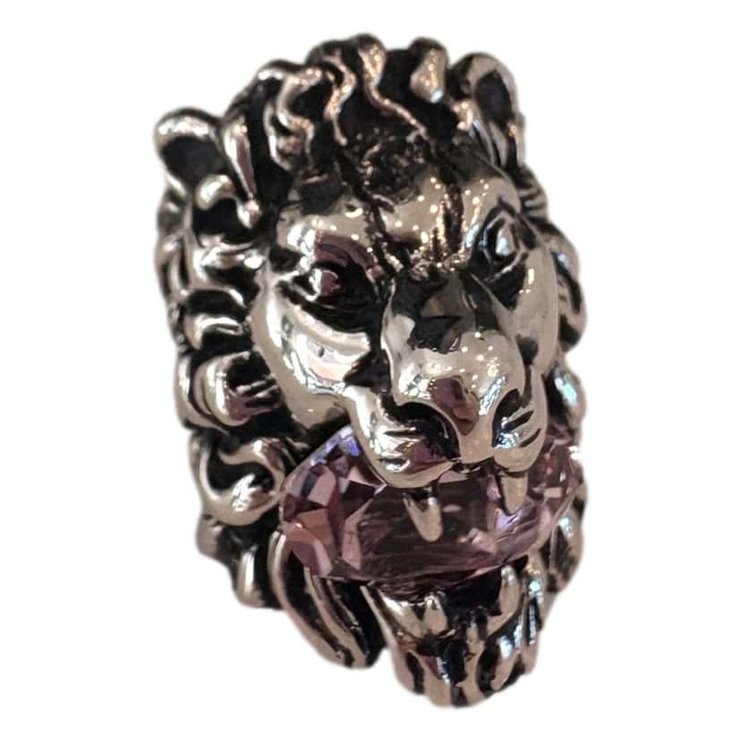 Gucci Gucci Lion Head Motif Silver Ring Light Pink Crystal Size 10 Gold Satin Never worn - Back View