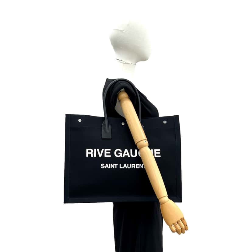 Saint Laurent Saint Laurent Rive Gauche Black Canvas Leather Trim Tote Bag Black Leather Never worn - Box View