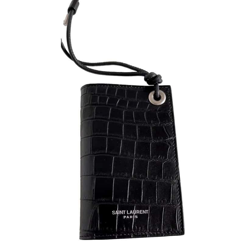 Saint Laurent Saint Laurent Croc Embossed Black Lanyard Card Case Wallet Black Leather Never worn - Model View