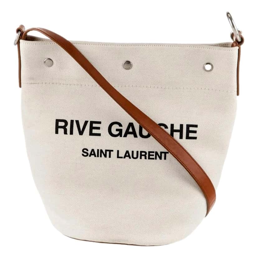 Saint Laurent Saint Laurent Rive Gauche Brown Leather Trim Linen Bucket Bag Brown Canvas Never worn - Front View