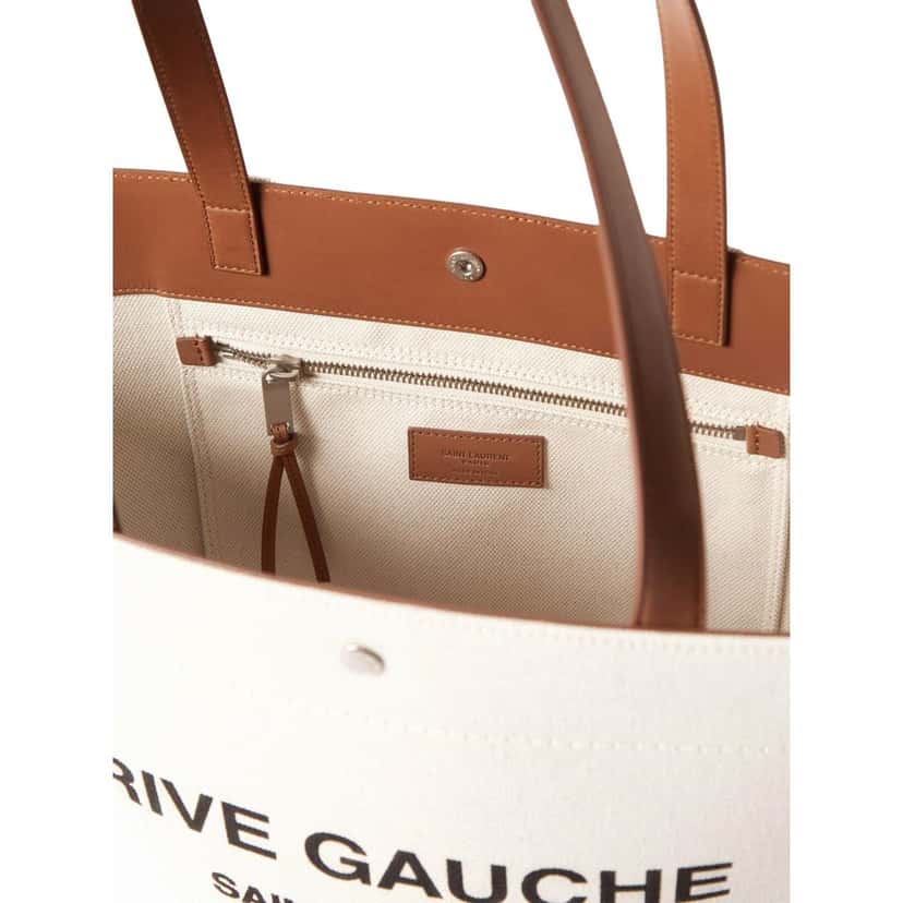 Saint Laurent Saint Laurent Rive Gauche Brown Leather Trim Linen Bucket Bag Brown Canvas Never worn - Model View
