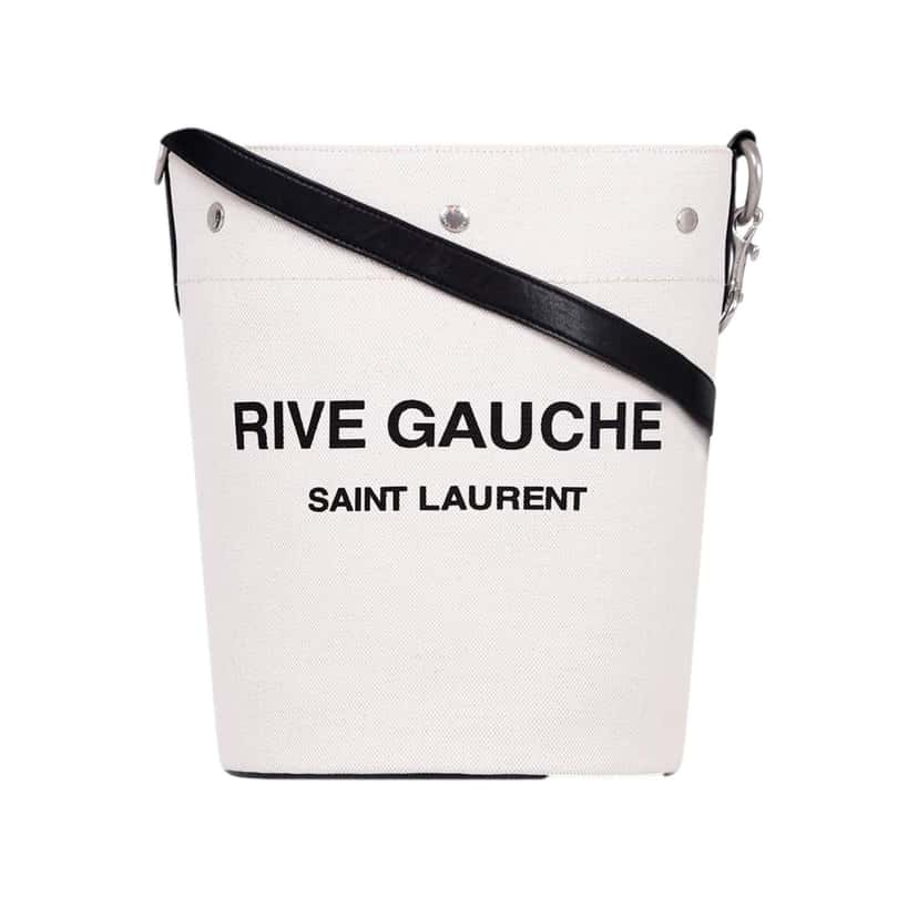 Saint Laurent Saint Laurent Rive Gauche Black Leather Trim Linen Bucket Bag White Canvas Never worn - Front View