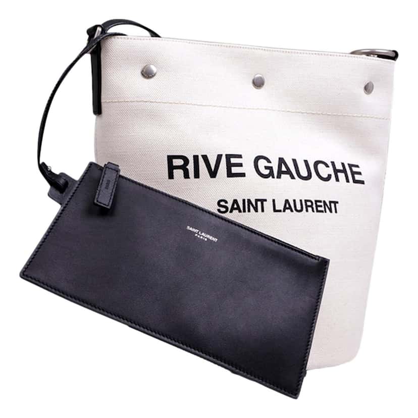 Saint Laurent Saint Laurent Rive Gauche Black Leather Trim Linen Bucket Bag White Canvas Never worn - Back View