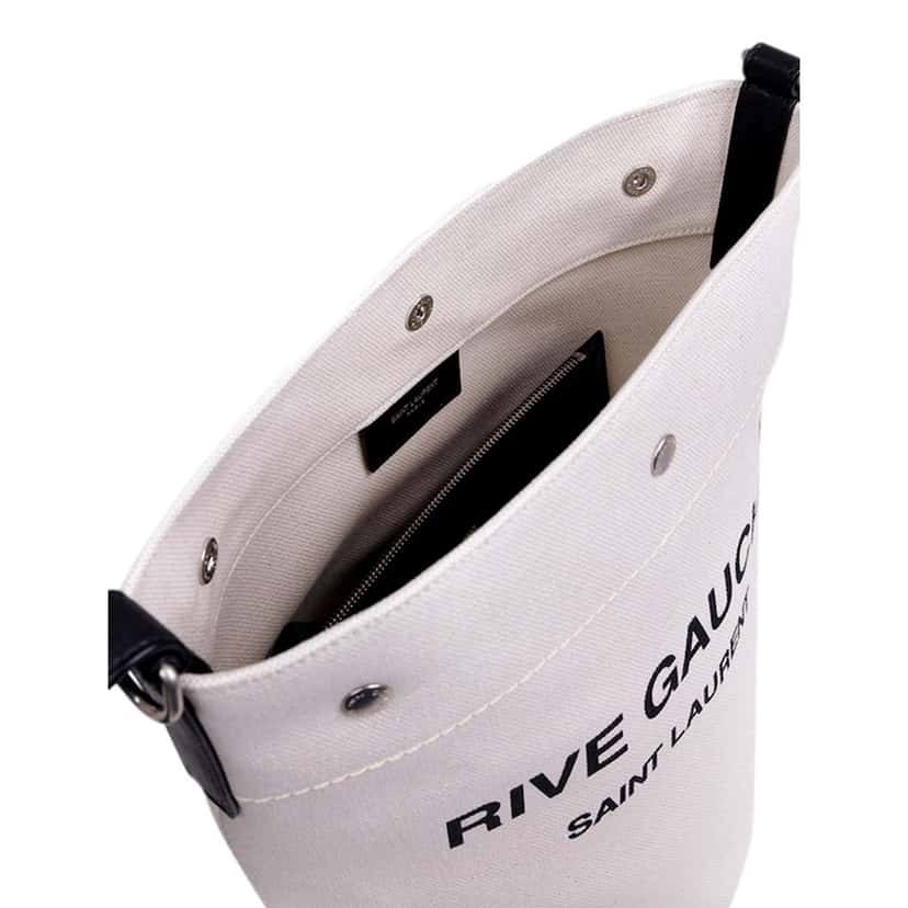 Saint Laurent Saint Laurent Rive Gauche Black Leather Trim Linen Bucket Bag White Canvas Never worn - Model View