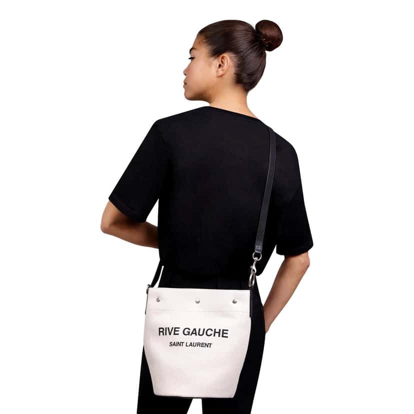 Saint Laurent Saint Laurent Rive Gauche Black Leather Trim Linen Bucket Bag White Canvas Never worn - Box View