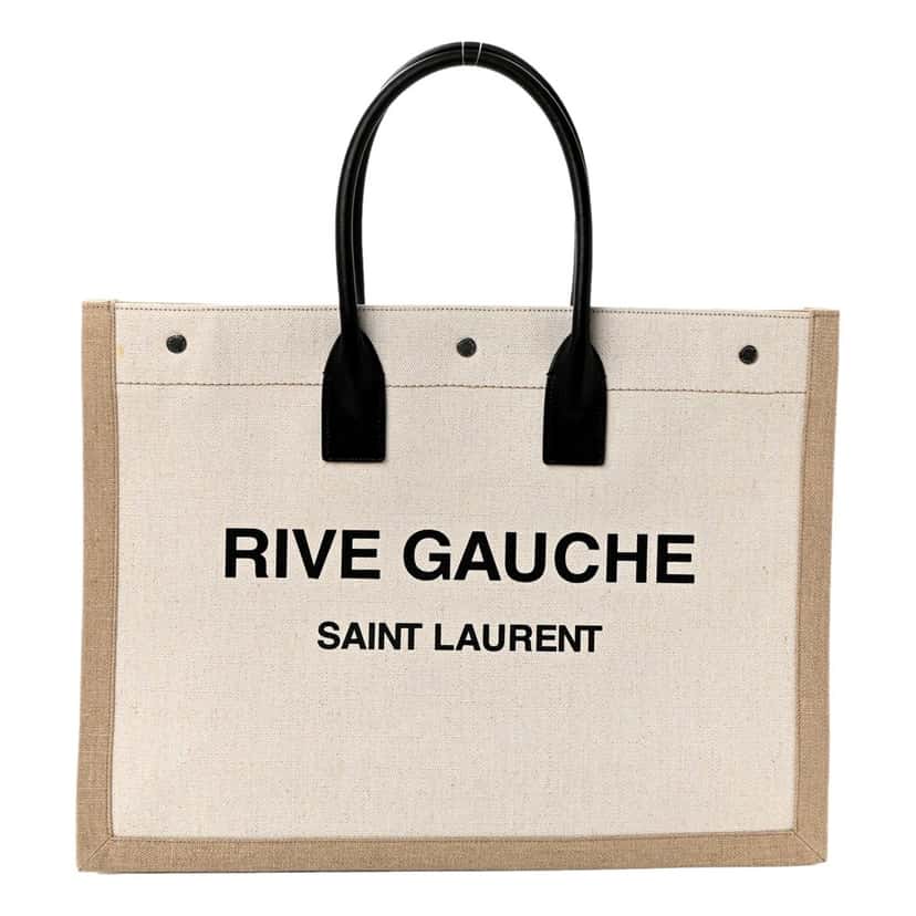 Saint Laurent Saint Laurent Rive Gauche Large Tote in Natural Beige Canvas with Black Top Handles Brown Leather Never worn - Front View