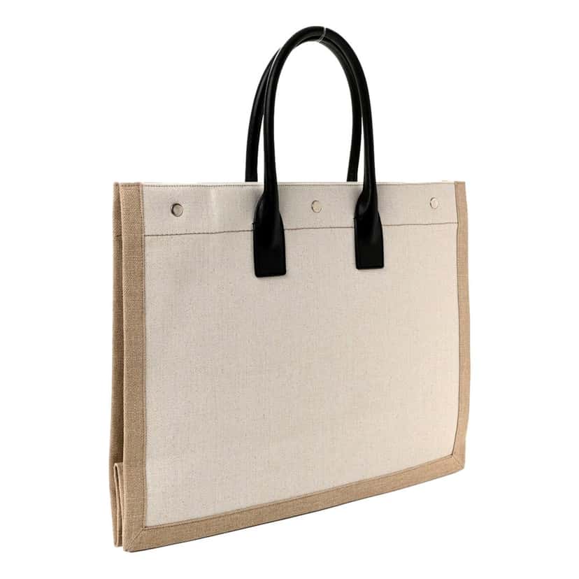 Saint Laurent Saint Laurent Rive Gauche Large Tote in Natural Beige Canvas with Black Top Handles Brown Leather Never worn - Back View