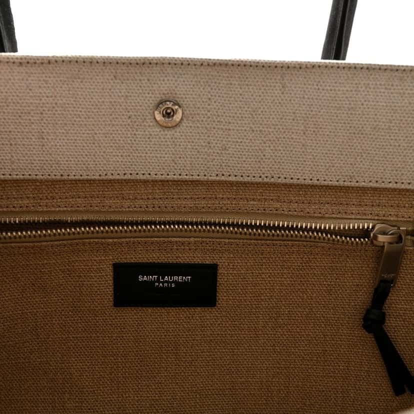 Saint Laurent Saint Laurent Rive Gauche Large Tote in Natural Beige Canvas with Black Top Handles Brown Leather Never worn - Model View