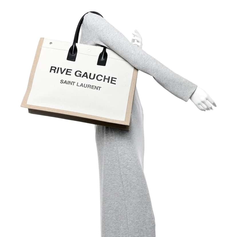 Saint Laurent Saint Laurent Rive Gauche Large Tote in Natural Beige Canvas with Black Top Handles Brown Leather Never worn - Box View