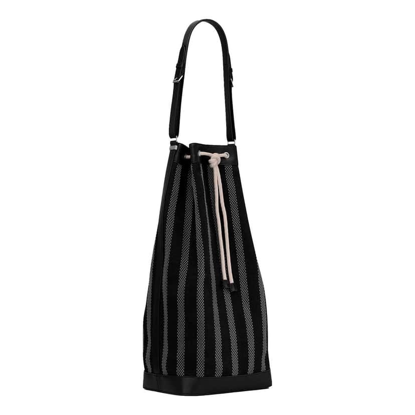 Saint Laurent Saint Laurent Canvas Leather Trim Oversized Drawstring Bucket Bag Black Black Leather Never worn - Model View