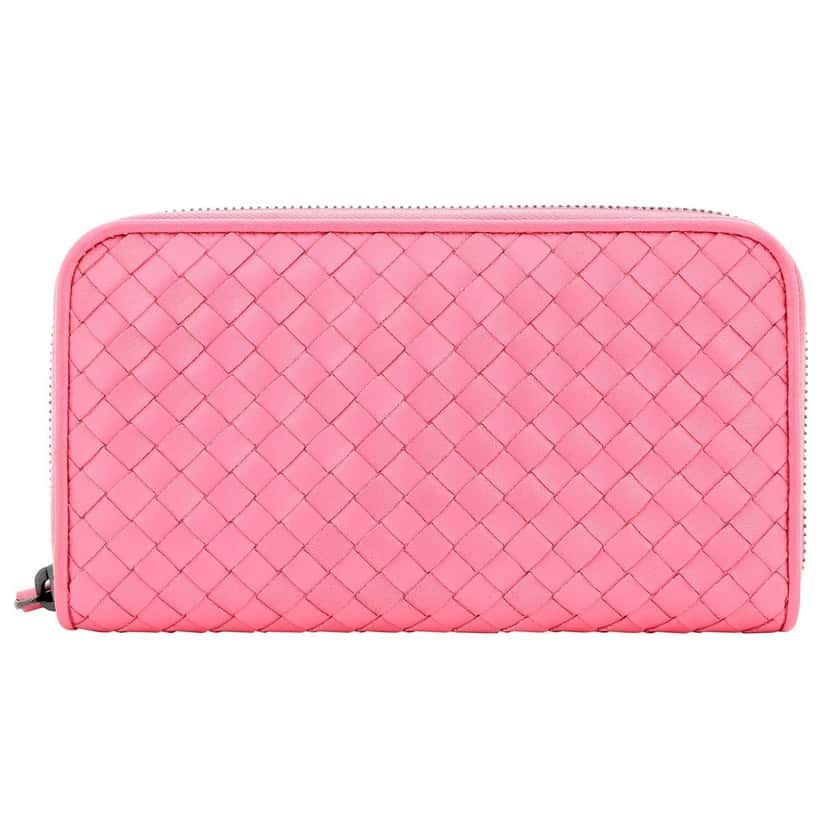 Bottega Veneta Bottega Veneta Intrecciato Zipper French Calf Leather Wallet Pink Pink Leather Never worn - Front View
