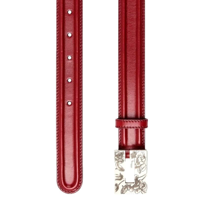 Gucci Gucci Memorable Floral Engraved G Buckle Leather Belt Burgundy 80/32 Red Leather Never worn - Front View