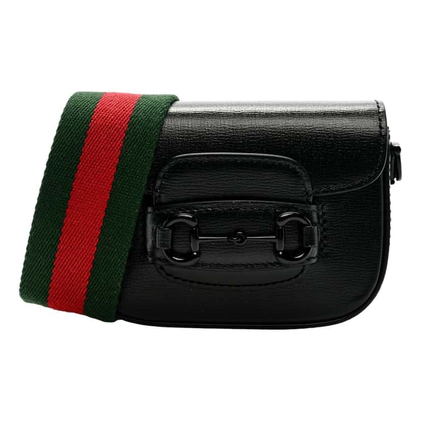 Gucci Gucci Horsebit 1955 Mini Black Calfskin Leather Web Stripe Crossbody Bag Black Leather Never worn - Front View