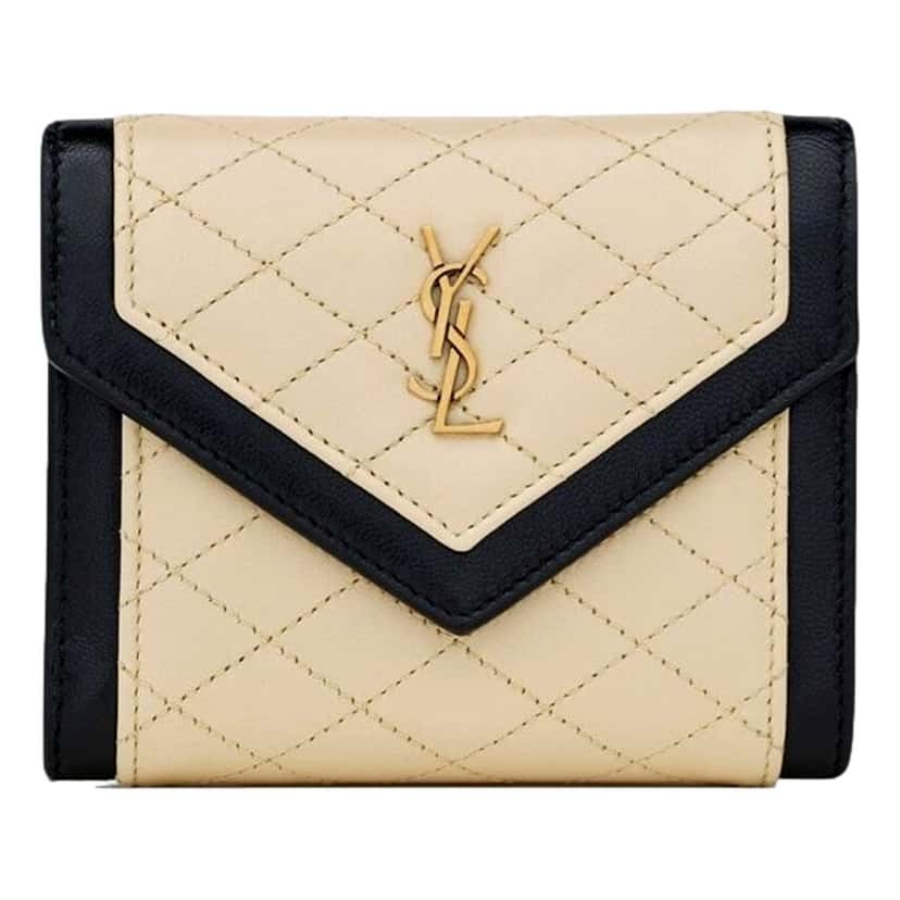 Saint Laurent Saint Laurent Gaby Small Envelope Wallet Cream Black Quilted Lambskin YSL Gold Logo Pink Leather Never worn - Front View