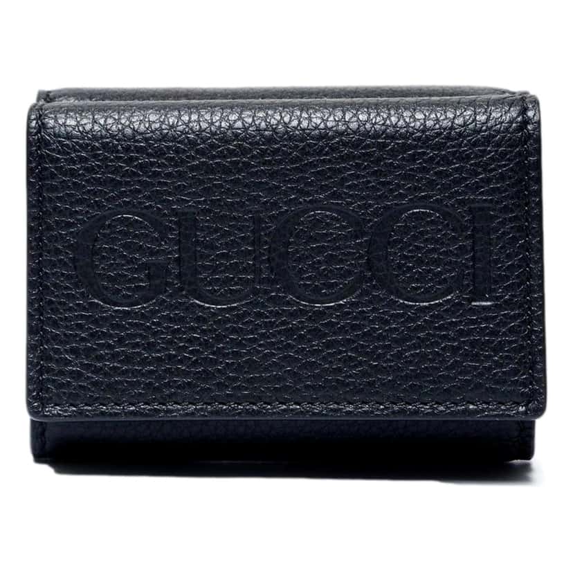 Gucci Gucci Embossed Logo Mini Tri-Fold Wallet Black Yellow Pebbled Leather Black Leather Never worn - Front View
