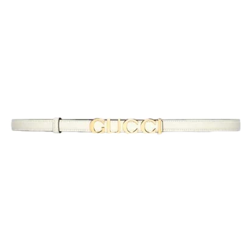 Gucci Gucci Cream Thin Leather Belt with Metal Gold Logo Lettering Size 85 White Leather Never worn - Back View