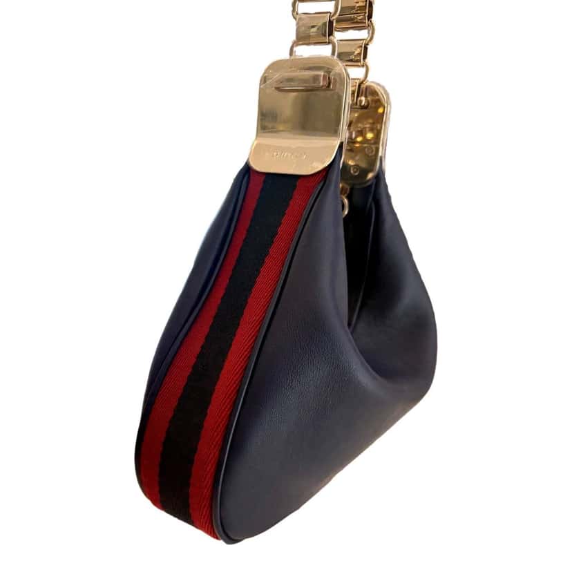 Gucci Gucci Attaché Small Navy Leather Shoulder Crossbody Bag G Clasp Web Stripe Navy Leather Never worn - Back View