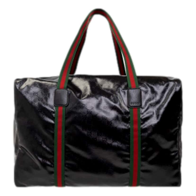 Gucci Gucci Duffle Maxi GG Black Glossy Fabric Duffel Bag Leather Trim Black Leather Never worn - Front View
