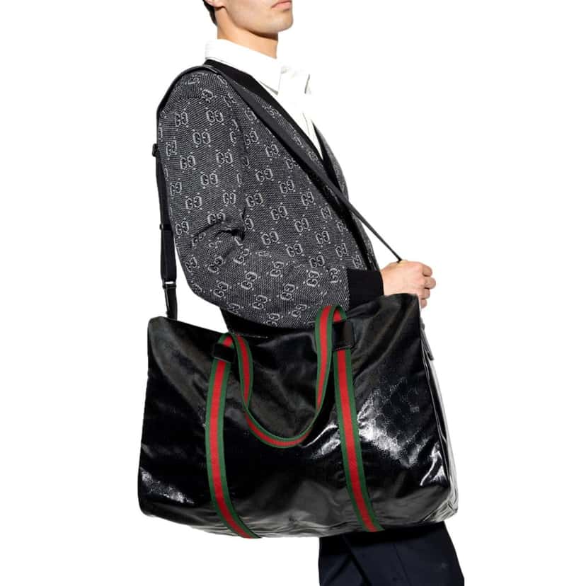 Gucci Gucci Duffle Maxi GG Black Glossy Fabric Duffel Bag Leather Trim Black Leather Never worn - Box View