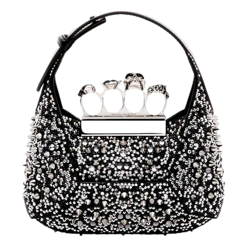 Alexander McQueen Alexander McQueen Crystal Jewelled Hobo Bag Black Skull Knuckle Handle Black Leather Never worn - Front View
