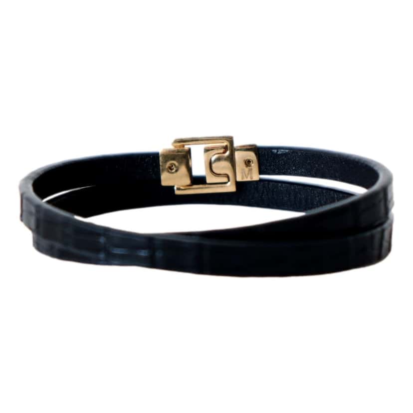 Saint Laurent Saint Laurent Black Smooth Leather Double Wrap Bracelet with Gold-Tone Engraved Clasp Black Leather Never worn - Back View
