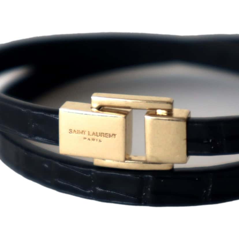 Saint Laurent Saint Laurent Black Smooth Leather Double Wrap Bracelet with Gold-Tone Engraved Clasp Black Leather Never worn - Inside View