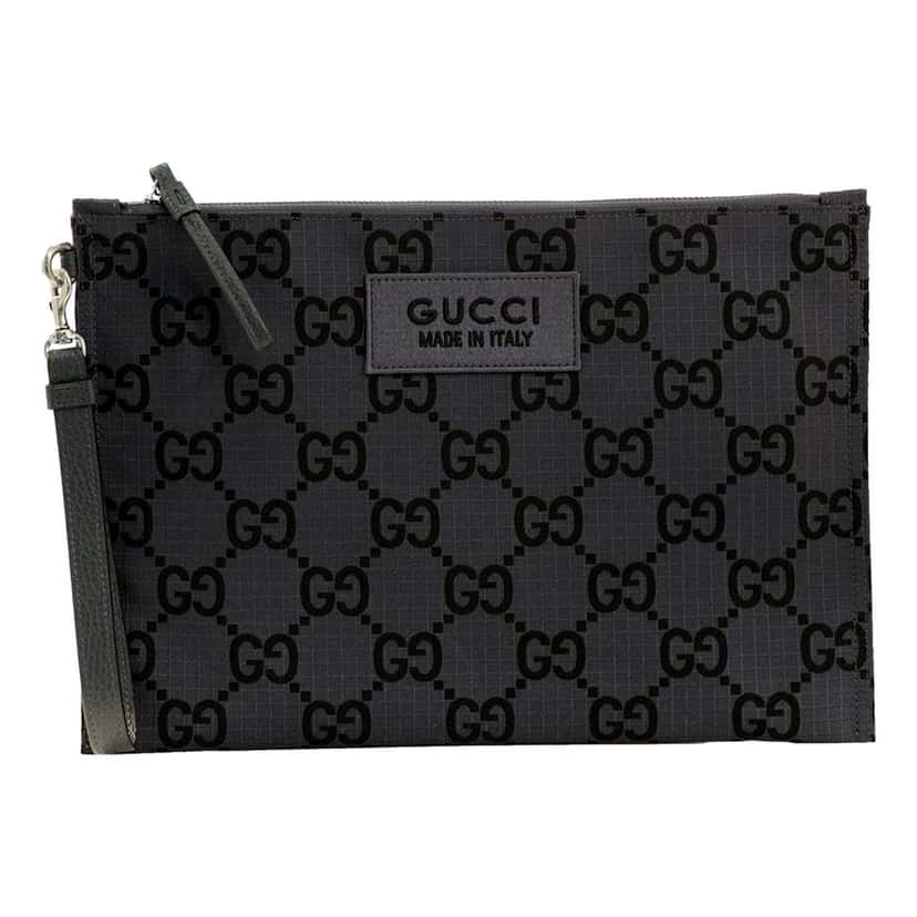 Gucci Gucci Ripstop Canvas Jumbo GG Large Clutch Wristlet Gray Black Black Leather Never worn - Front View