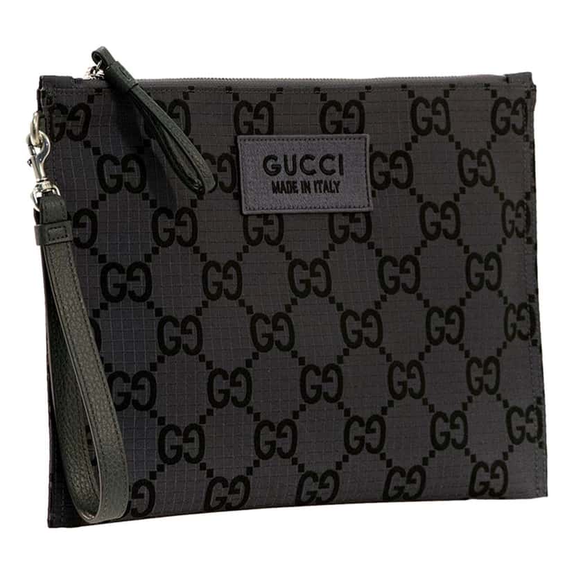 Gucci Gucci Ripstop Canvas Jumbo GG Large Clutch Wristlet Gray Black Black Leather Never worn - Back View