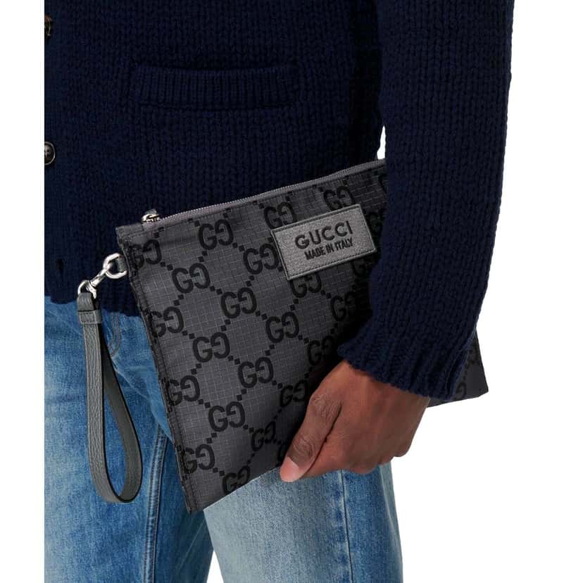 Gucci Gucci Ripstop Canvas Jumbo GG Large Clutch Wristlet Gray Black Black Leather Never worn - Model View