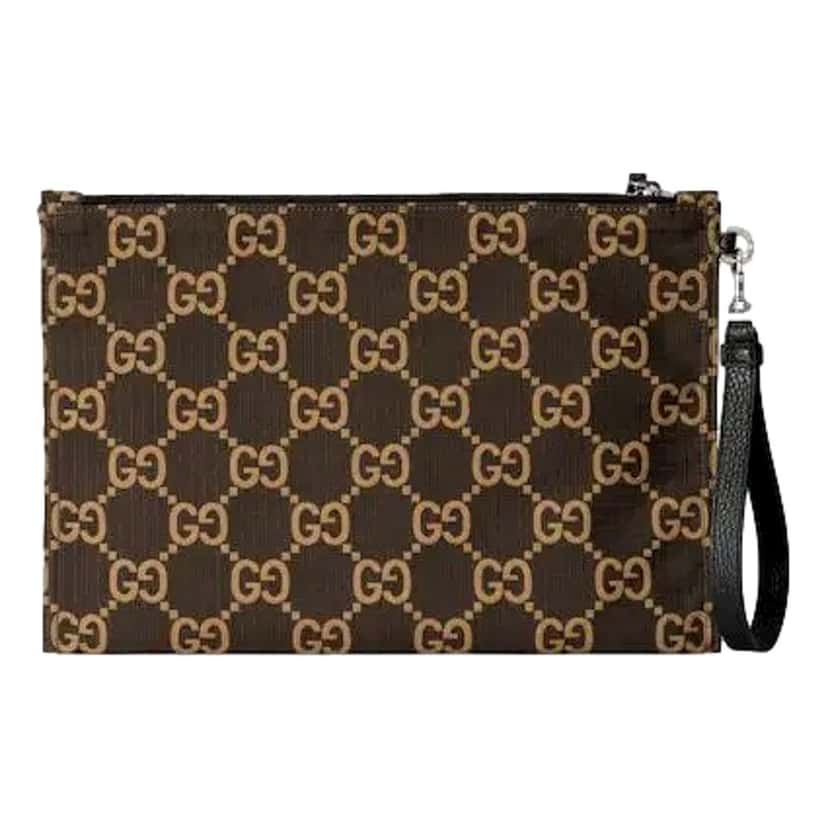 Gucci Gucci Ripstop Canvas Jumbo GG Large Clutch Wristlet Brown Beige Brown Leather Never worn - Back View