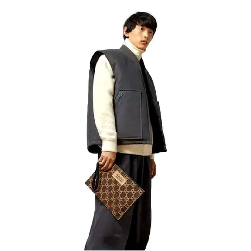 Gucci Gucci Ripstop Canvas Jumbo GG Large Clutch Wristlet Brown Beige Brown Leather Never worn - Box View