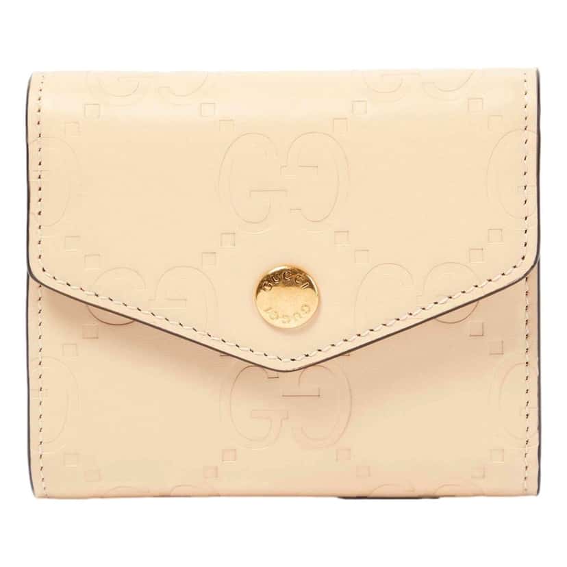 Gucci Gucci Gilbert GG Embossed Calf Leather Beige Trifold Wallet Gold Logo White Leather Never worn - Front View