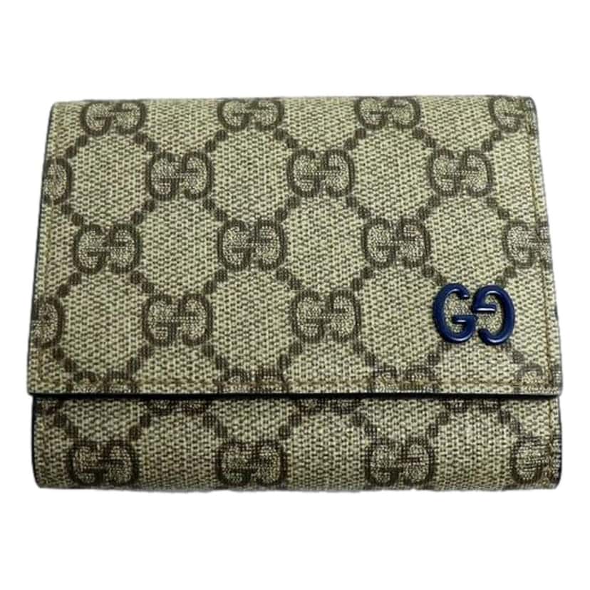 Gucci Gucci GG Supreme Coated Canvas Blue Emblem Trifold Double Flap Wallet Brown Leather Never worn - Front View